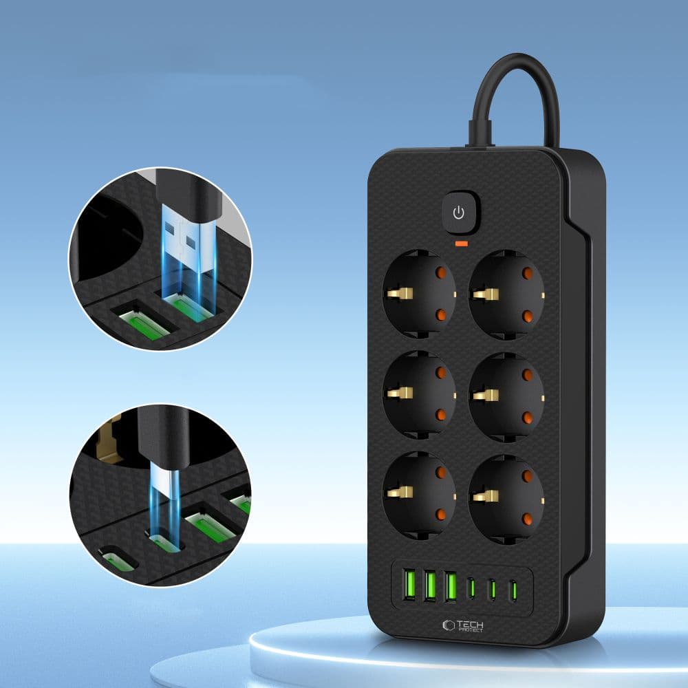 Tech-Protect πολύπριζο PC6X6 με 3 USB & 3 TYPE-C & 6 υποδοχές 200CM μαύρο 3