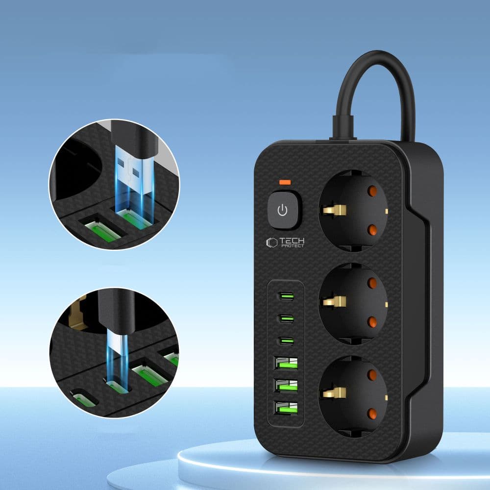Tech-Protect πρίζα PC3X6 3 USB & 3 Type-C & 3 πρίζες 200CM μαύρη 3