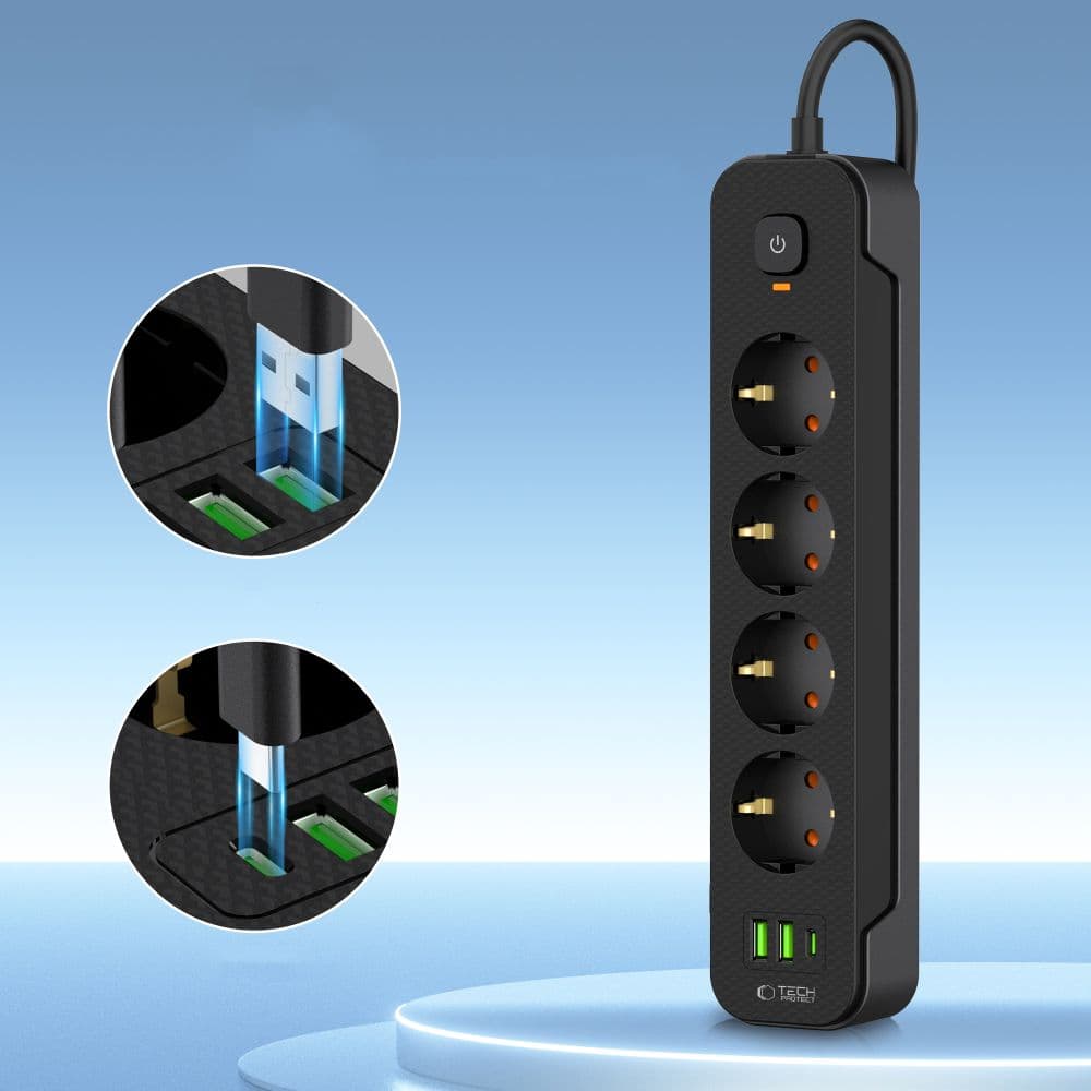 Tech-Protect Πρίζα PCL4X3 με 2 USB & 1 Type-C & 4 πρίζες 200CM μαύρη 3