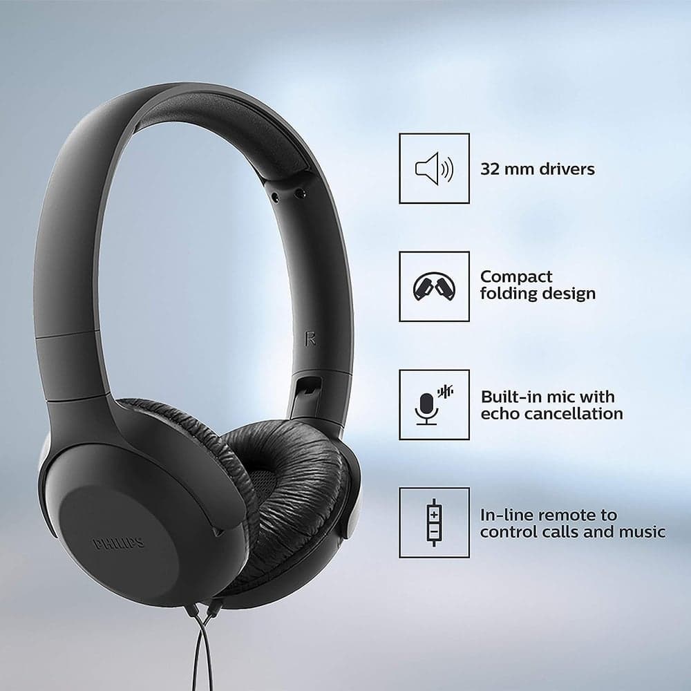 Philips - Ενσύρματα Ακουστικά (UH201BK/00) - On-Ear, Jack 3.5mm, Αναδιπλούμενα, Μικρόφωνο, Έλεγχος Έντασης, 1.2m - Μαύρο 4