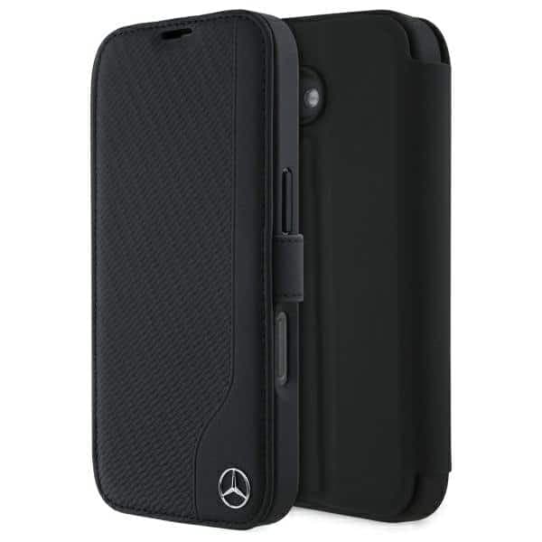 Mercedes Bookcase Leather Wood Imitation - θήκη για Apple iPhone 16 - Μαύρο