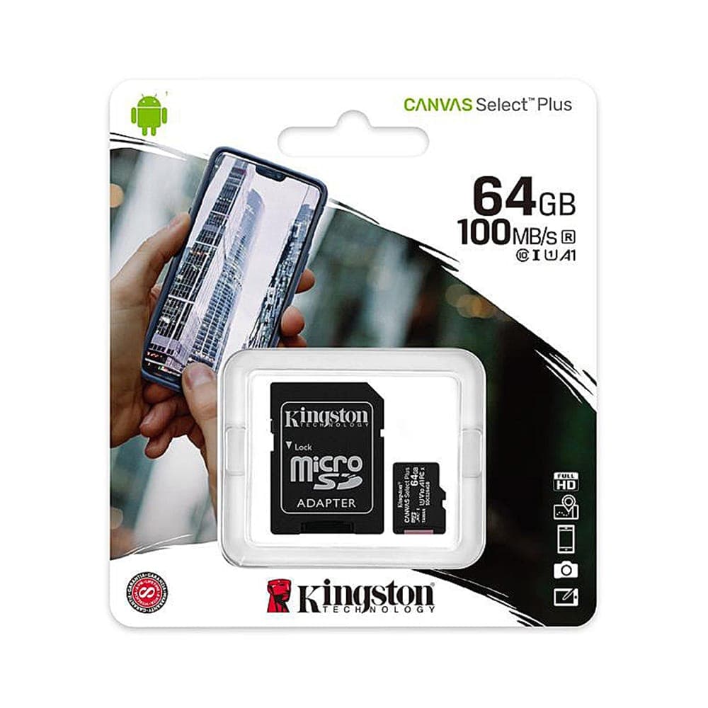 Kingston - Κάρτα μνήμης Canvas Select Plus (SDCS2/64GB) - Android A1 MicroSDXC, αντάπτορας, 64GB, Class 10 / UHS-1 U3 - Μαύρο 2