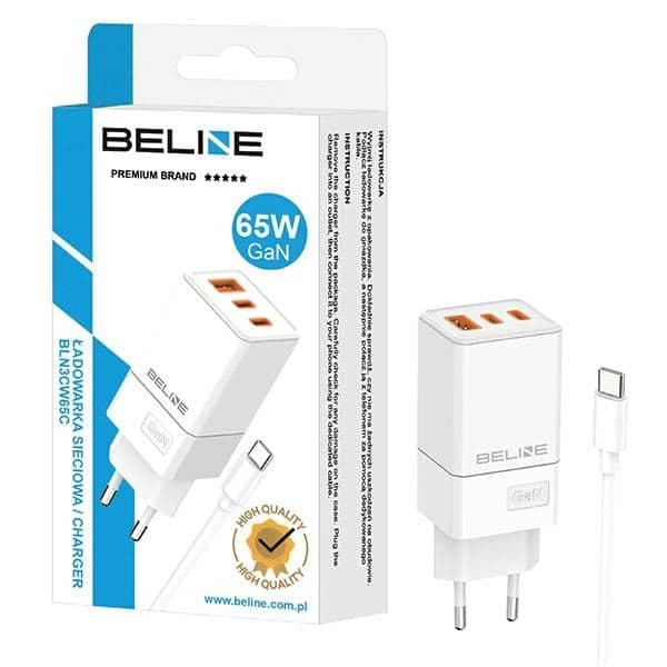 Beline φορτιστής δικτύου 2x USB-C + 1x USB 65W + καλώδιο USB-C λευκό PD 3.0 + QC 3.0 BLN3CW65C GaN 2