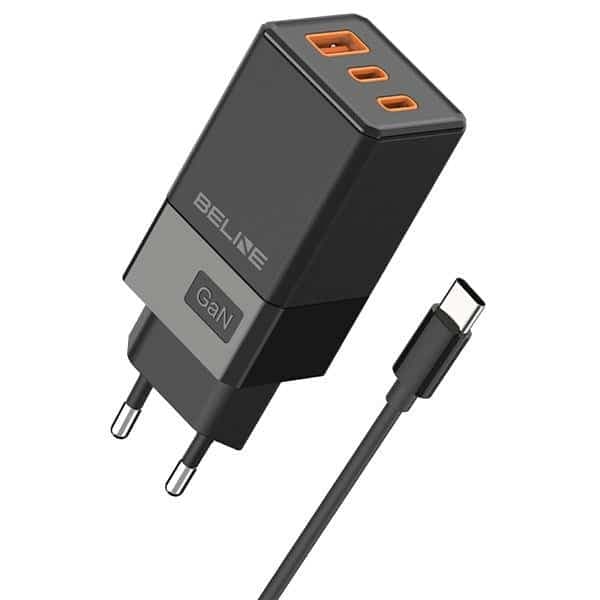 Beline φορτιστής δικτύου 2x USB-C + 1x USB 65W + καλώδιο USB-C μαύρο/black PD 3.0 + QC 3.0 BLN3CB65C GaN