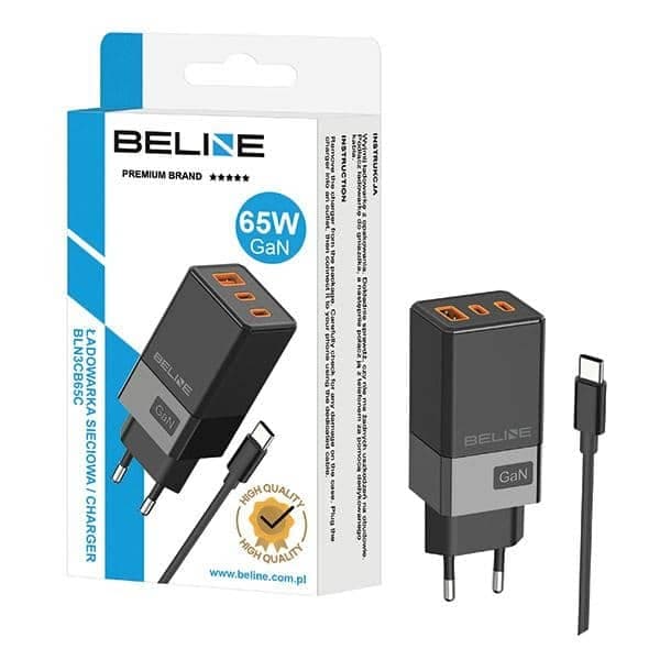 Beline φορτιστής δικτύου 2x USB-C + 1x USB 65W + καλώδιο USB-C μαύρο/black PD 3.0 + QC 3.0  BLN3CB65C GaN 2