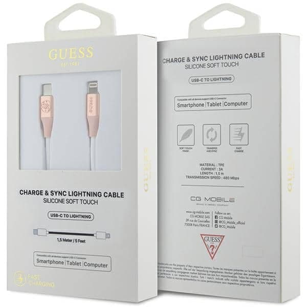 Guess GUCLLALRGDP kabel USB-C - Lightning 1.5m Fast Charging ροζ/pink Ebossed Logo 2