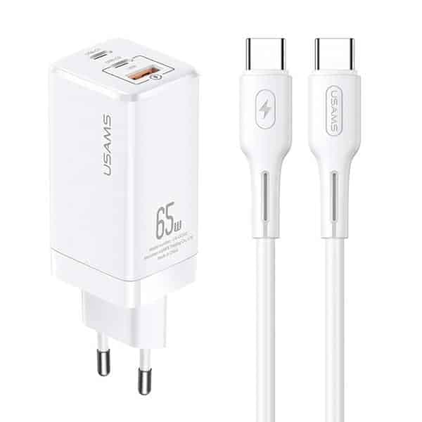 USAMS Φορτιστής δικτύου MT 2xUSB-C+USB GaN 65W T33 PD + καλώδιο USB-C-USB-C 100W Γρήγορη φόρτιση λευκό