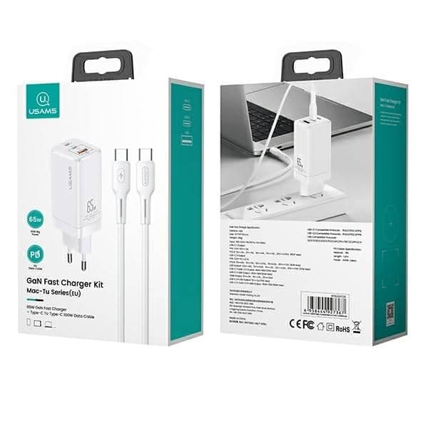 USAMS Φορτιστής δικτύου MT 2xUSB-C+USB GaN 65W T33 PD + καλώδιο USB-C-USB-C 100W Γρήγορη φόρτιση λευκό 2
