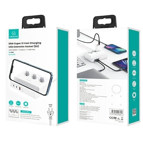 USAMS Πολυπρίζο 65W Super Si Fast Charging USB Επέκταση Σocket EU λευκό 7