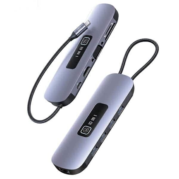 USAMS αντάπτορας HUB 10w1 3xUSB 3.0/TF/SD/ USB-C/HDMI/RJ45/VGA PD100W γκρι/οξειδωμένο SJ644HUB01 (US-SJ644)