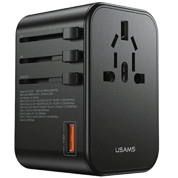 USAMS προσαρμογέας δικτύου 1xUSB+2xUSB-C T62 65W 4w1 US/AU/EU/UK μαύρος/black