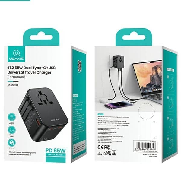 USAMS προσαρμογέας δικτύου 1xUSB+2xUSB-C T62 65W 4w1 US/AU/EU/UK μαύρος/black 8