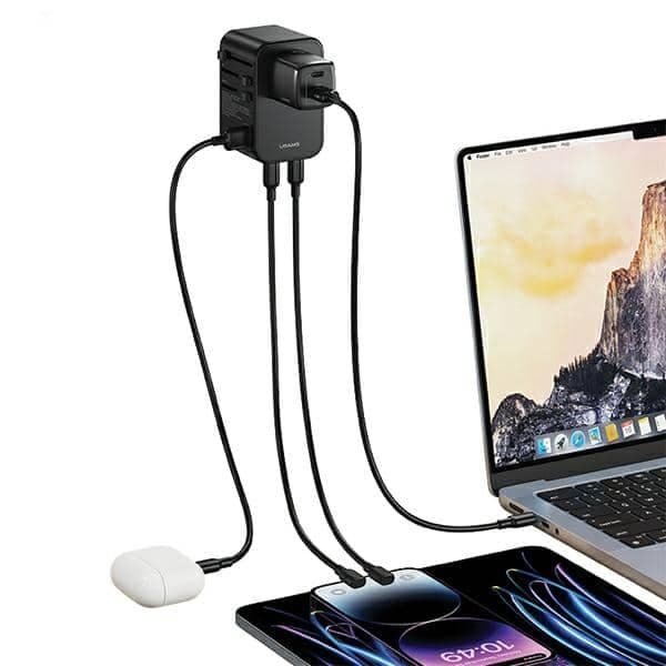 USAMS προσαρμογέας δικτύου 1xUSB+2xUSB-C T62 65W 4w1 US/AU/EU/UK μαύρος/black 6