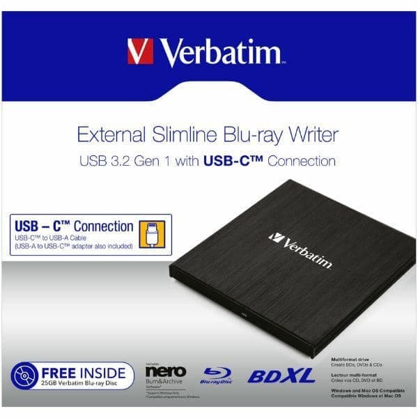 Verbatim εξωτερικός εγγραφέας Slimline CD/DVD USB-C + καλώδιο USB-C/USB-C σε USB-A 3.2 μαύρο 4
