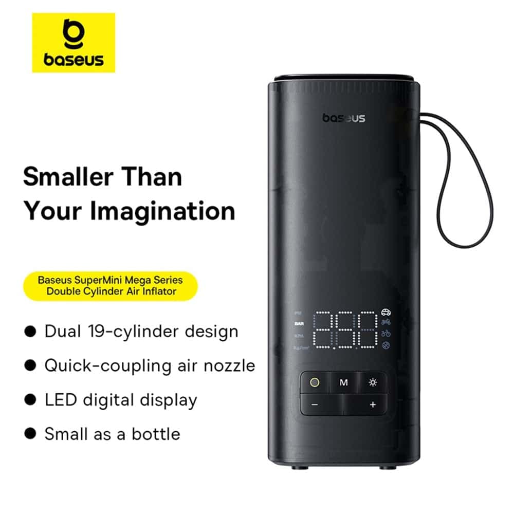Baseus - Συμπιεστής Αυτοκινήτου Mega Series (C11123202111-00) - Διπλός Κύλινδρος, Ψηφιακή Οθόνη LED, Ταχύτερος Φουσκωτής - Μαύρο 3