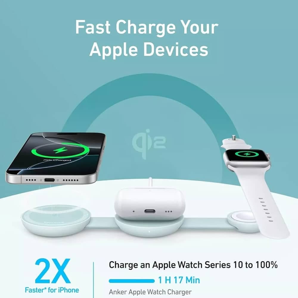 Anker - Ασύρματος Φορτιστής MagGo 3-σε-1 (B25M8H61) - για iPhone 15/16, AirPods, Apple Watch, MagSafe Qi2, Αναδιπλούμενος, 15W - Πράσινο 5