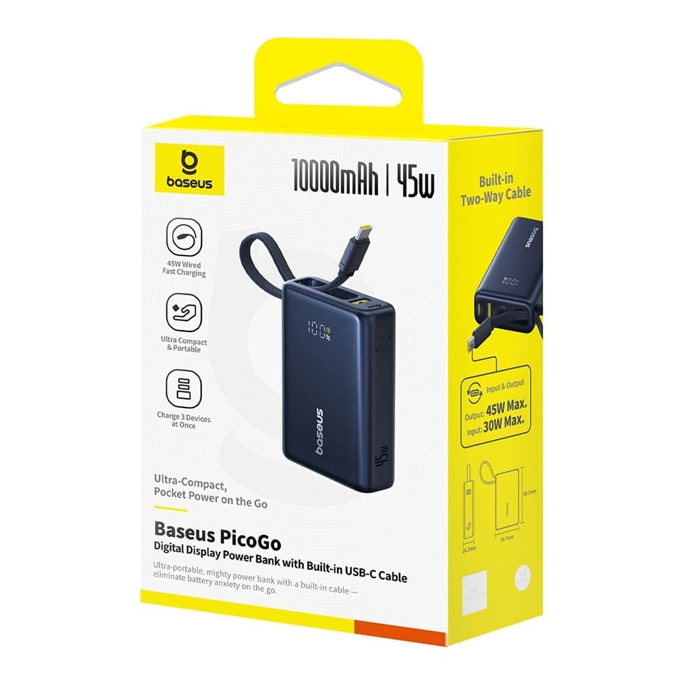 Baseus - Power Bank PicoGo (P10076803123-00) - Type-C, USB, Γρήγορη Φόρτιση, 45W, 10000mAh, Ενσωματωμένο Καλώδιο Type-C - Μαύρο 7