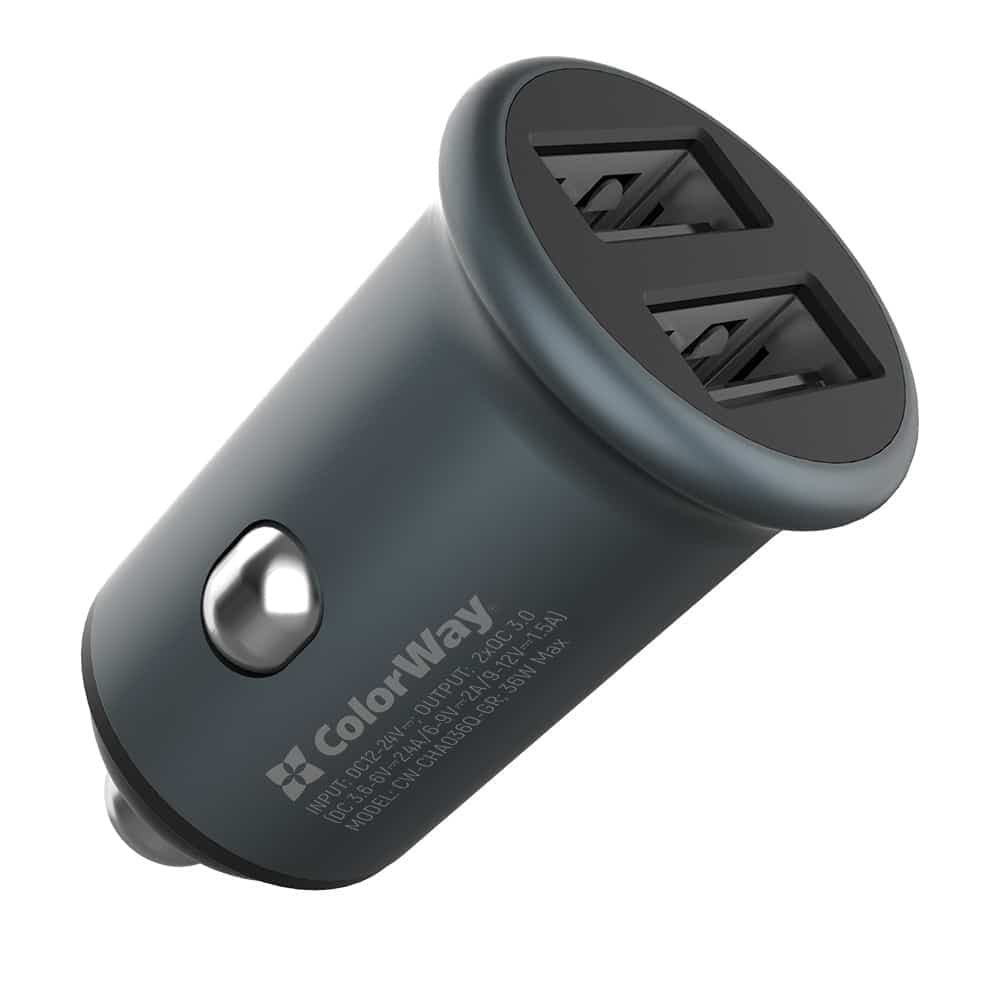 ColorWay - Mini Φορτιστής Αυτοκινήτου (CW-CHA036Q-GR) - 2x USB, Quick Charge 2.0 & 3.0, 36W, 3A, Huawei FCP, Auto ID Chip, 24V - Γκρι 2