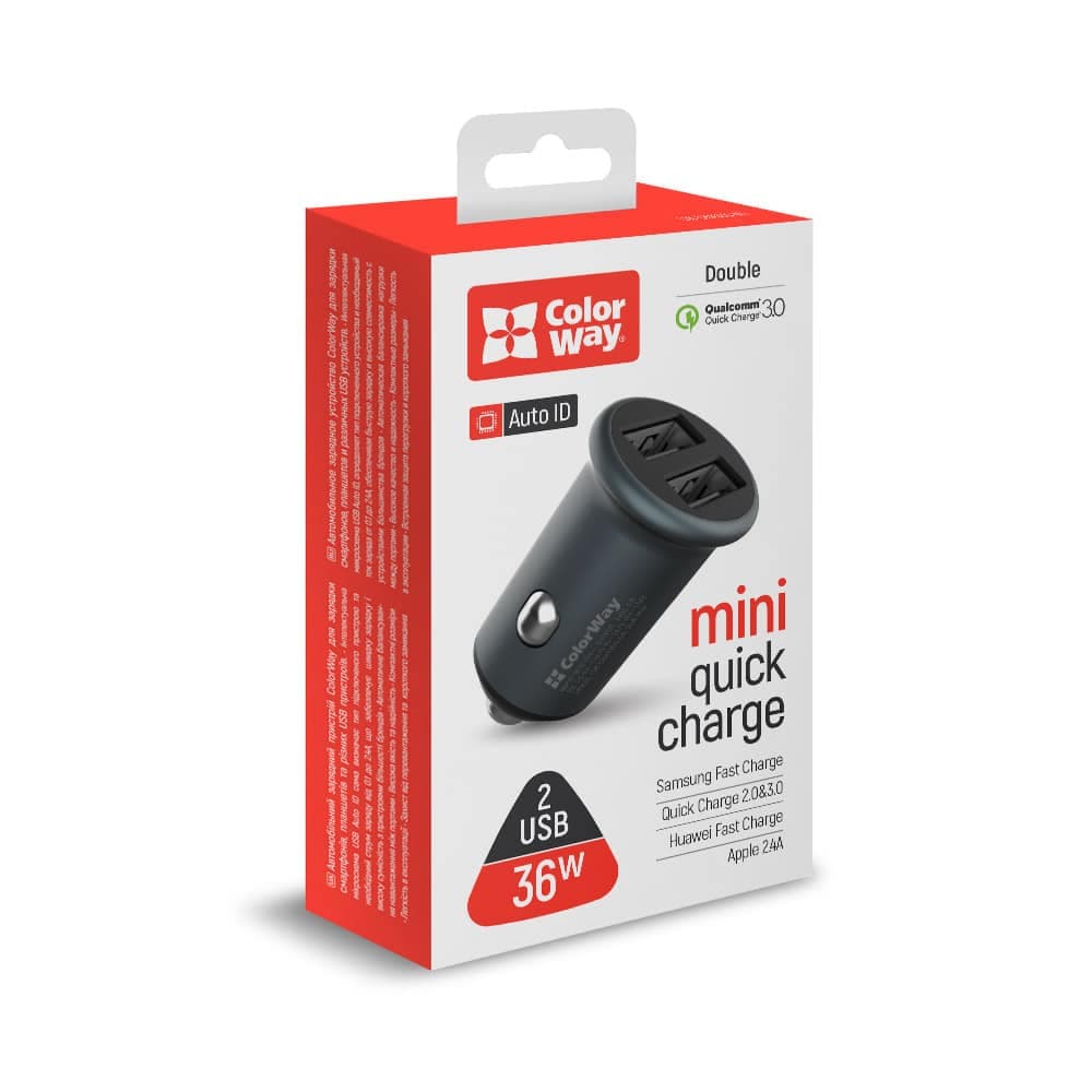 ColorWay - Mini Φορτιστής Αυτοκινήτου (CW-CHA036Q-GR) - 2x USB, Quick Charge 2.0 & 3.0, 36W, 3A, Huawei FCP, Auto ID Chip, 24V - Γκρι 7