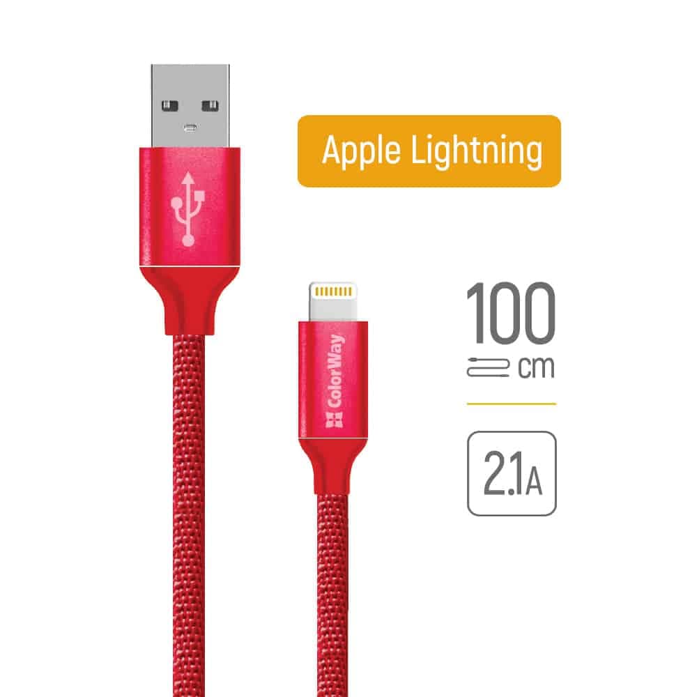 ColorWay - Καλώδιο Δεδομένων (CW-CBUL004-RD) - USB 2.0 σε Apple Lightning, για Συγχρονισμό & Φόρτιση, Νάιλον, 2.1A, 480Mbps, 1m - Κόκκινο