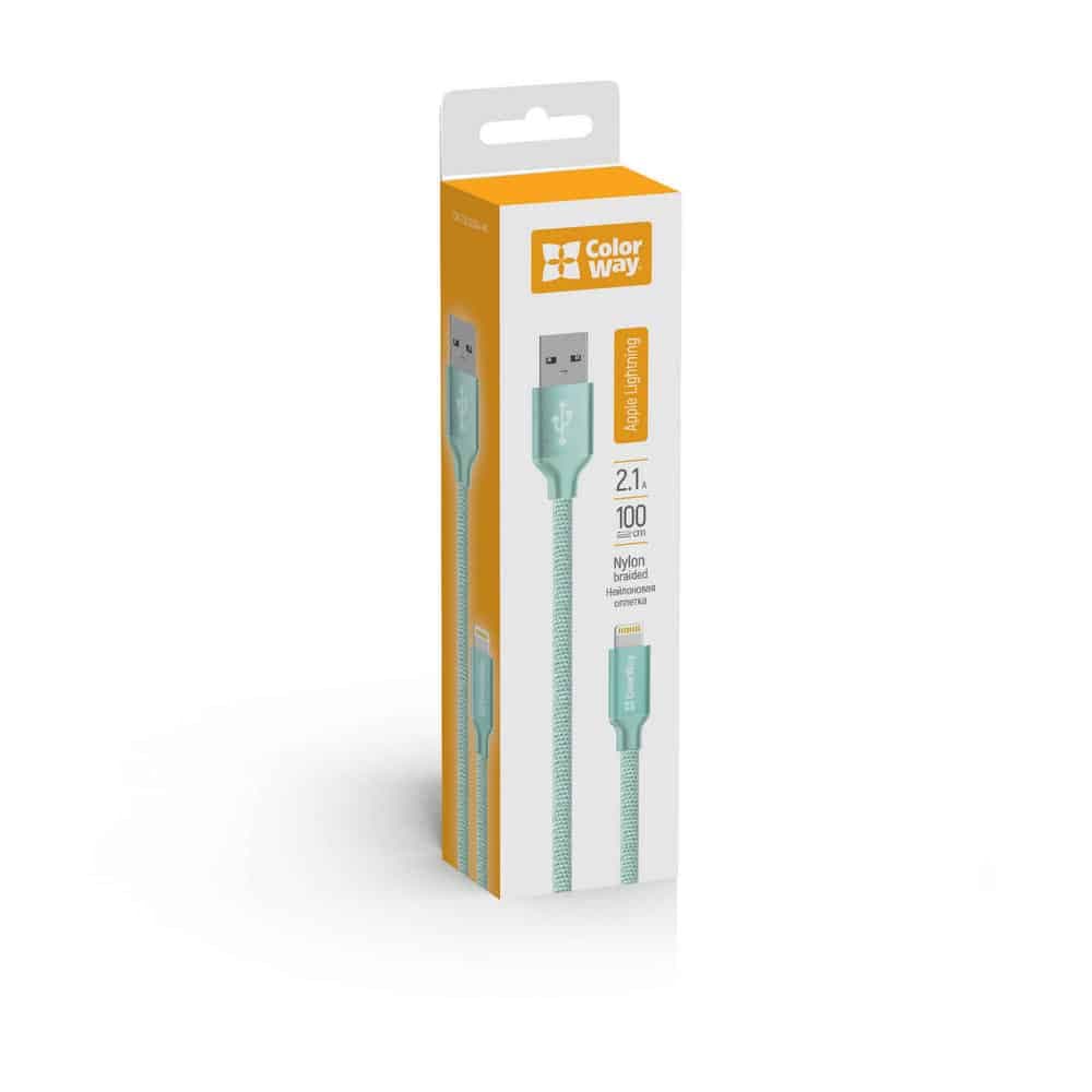 ColorWay - Καλώδιο Δεδομένων (CW-CBUL004-MT) - USB 2.0 σε Apple Lightning, για Συγχρονισμό & Φόρτιση, Νάιλον, 2.1A, 480Mbps, 1m - Μέντα 3