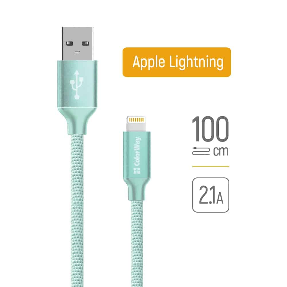 ColorWay - Καλώδιο Δεδομένων (CW-CBUL004-MT) - USB 2.0 σε Apple Lightning, για Συγχρονισμό & Φόρτιση, Νάιλον, 2.1A, 480Mbps, 1m - Μέντα