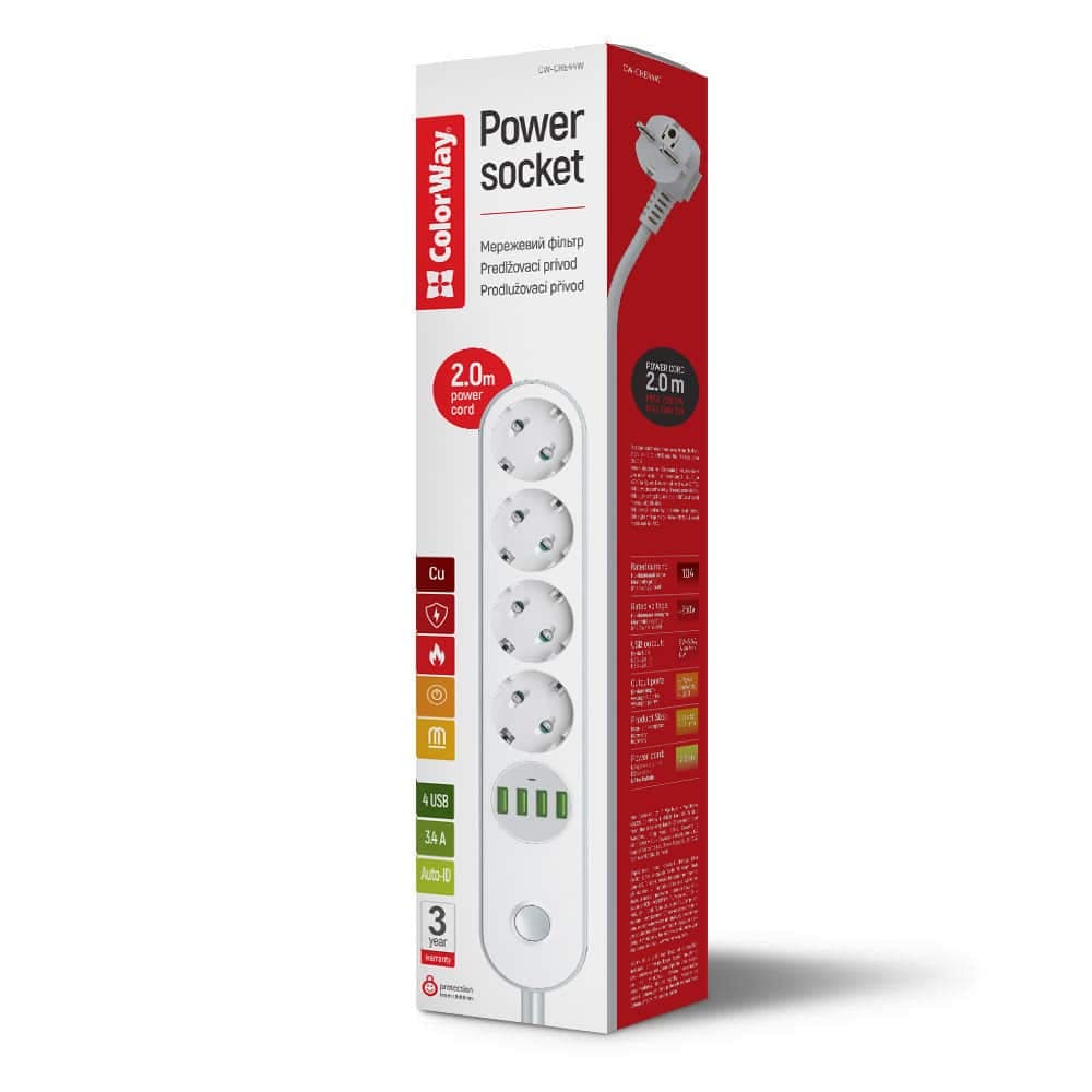 ColorWay - Πολύπριζο (CW-CHE44W) - 4x EU AC 220V, 4x USB 17W, 10A, Auto ID, Χάλκινες Επαφές, Κουμπί On/Off, 2m - Λευκό 5