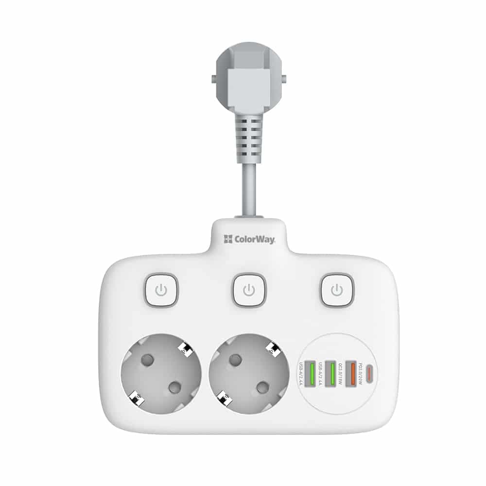 ColorWay - Πολύπριζο (CW-CHE24PDW) - 2x EU AC 220V, 3xUSB 20W, Type-C, Auto ID, Ατομικά Κουμπιά Ενέργειας, 0.25m - Λευκό
