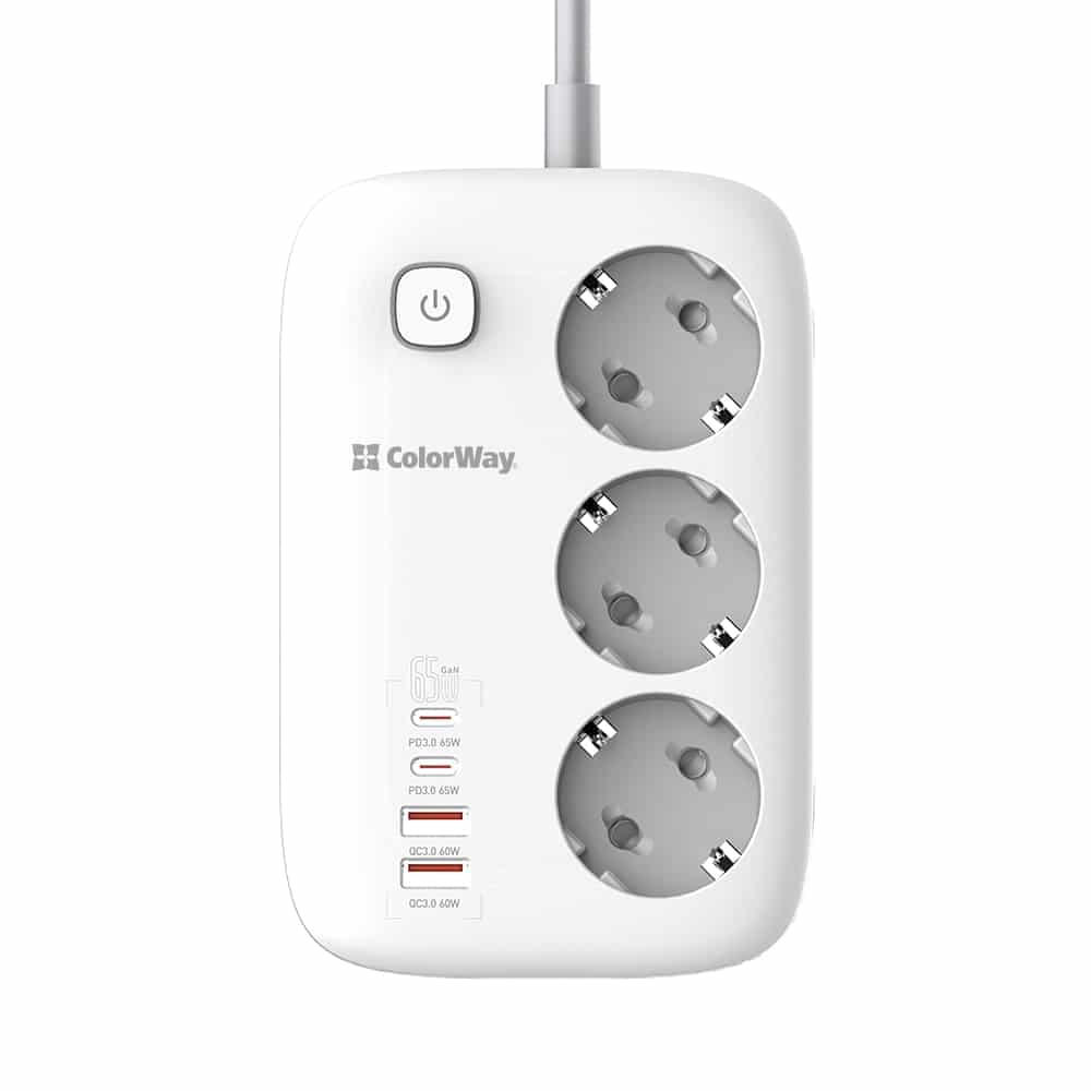 ColorWay - Πολύπριζο (CW-CHE34PDW) - 3xEU AC 220V, 2xUSB QC3.0, 2xType-C PD, Γρήγορη Φόρτιση, 65W, 13A, GaN3 Pro, 2m - Λευκό