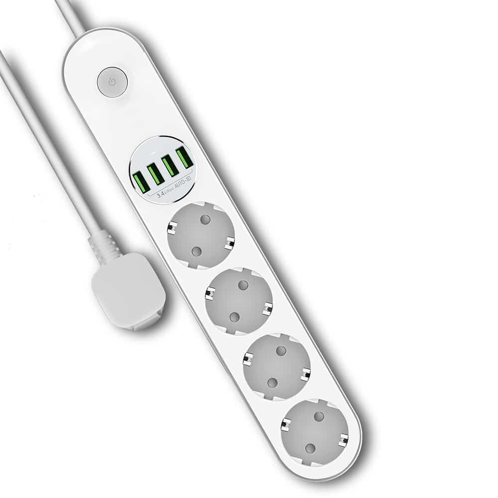 ColorWay - Πολύπριζο (CW-CHE44W) - 4x EU AC 220V, 4x USB 17W, 10A, Auto ID, Χάλκινες Επαφές, Κουμπί On/Off, 2m - Λευκό