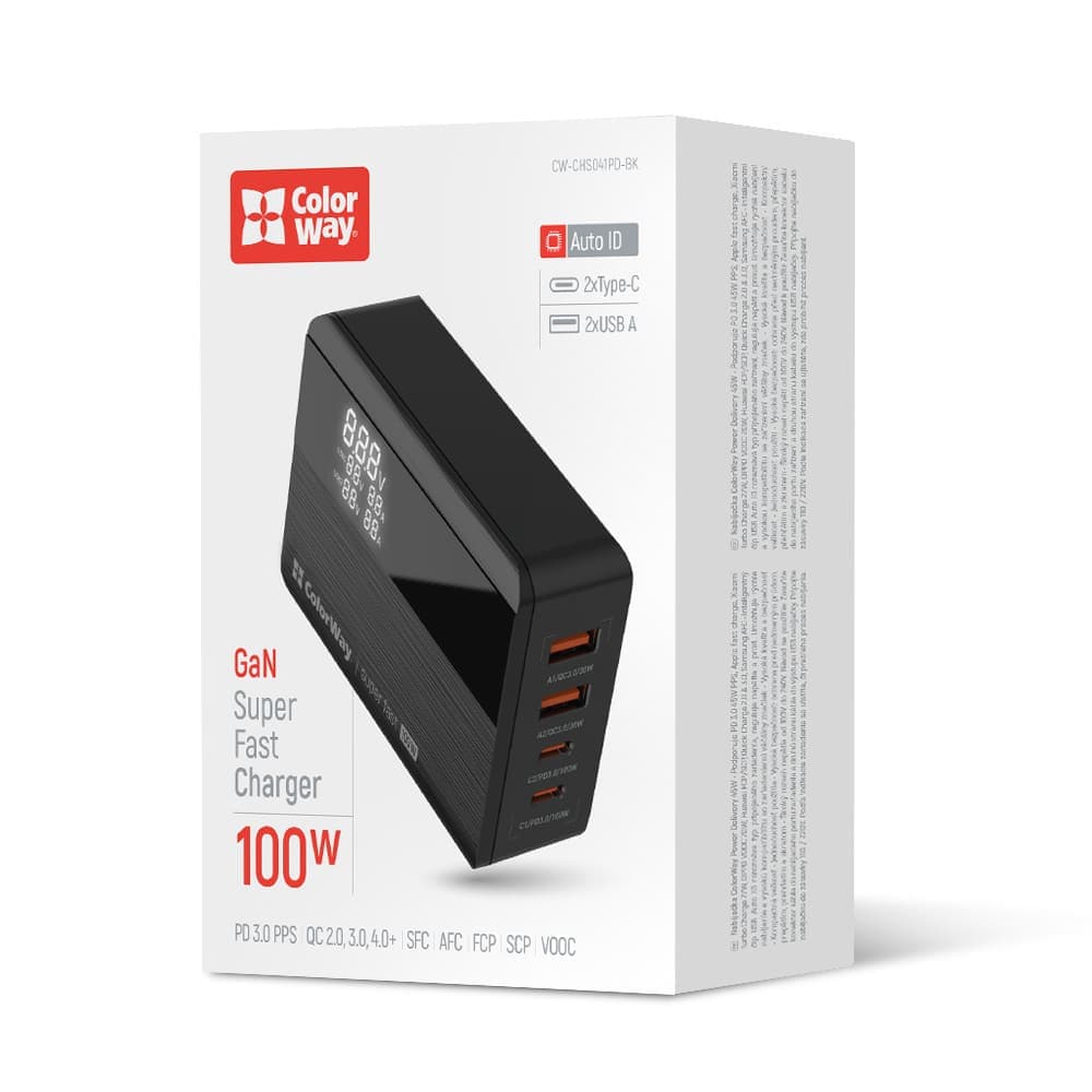 ColorWay - Φορτιστής CW-CHS041PD-BK) - 2xUSB QC, 2xType-C PD3.0 PPS, Huawei FCP, VOOC, 100W, LED Οθόνη - Μαύρο 5