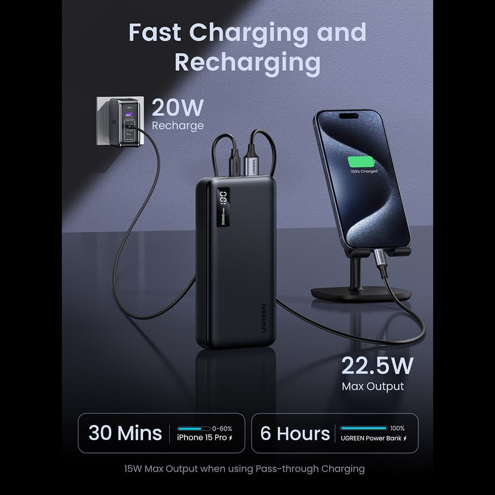 Ugreen - Power Bank PB312 (25683) - Γρήγορη Φόρτιση, Ψηφιακή Οθόνη, 20000mAh, 2x USB, 2x Type-C, 22.5W, PD3.0, 5V/3A - Μαύρο 9