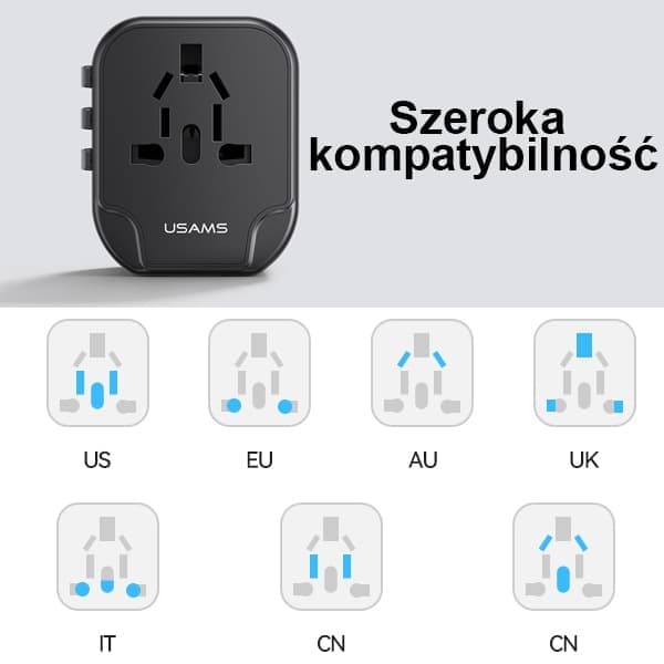 USAMS Adapter siec. 2xUSB T55 12W4w1 US/AU/EU/UK μαύρο CC173TC01 (US-CC173) Univesal Travel Charger 10