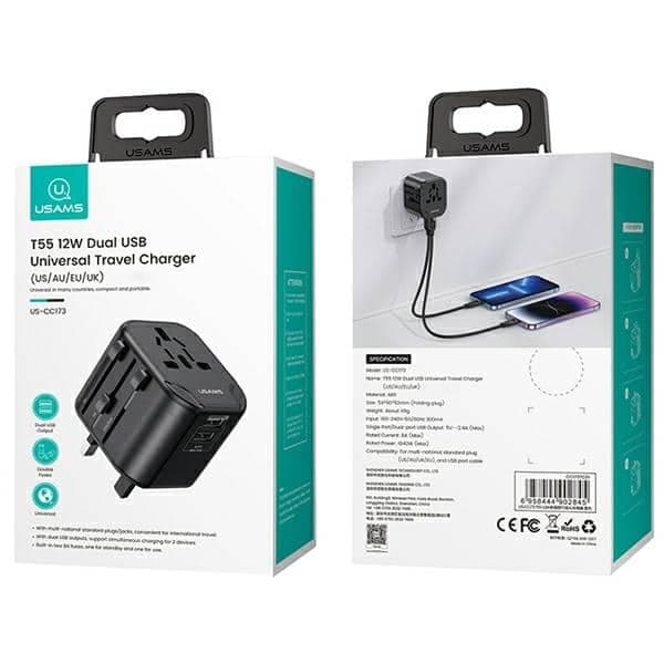 USAMS Adapter siec. 2xUSB T55 12W4w1 US/AU/EU/UK μαύρο CC173TC01 (US-CC173) Univesal Travel Charger 12