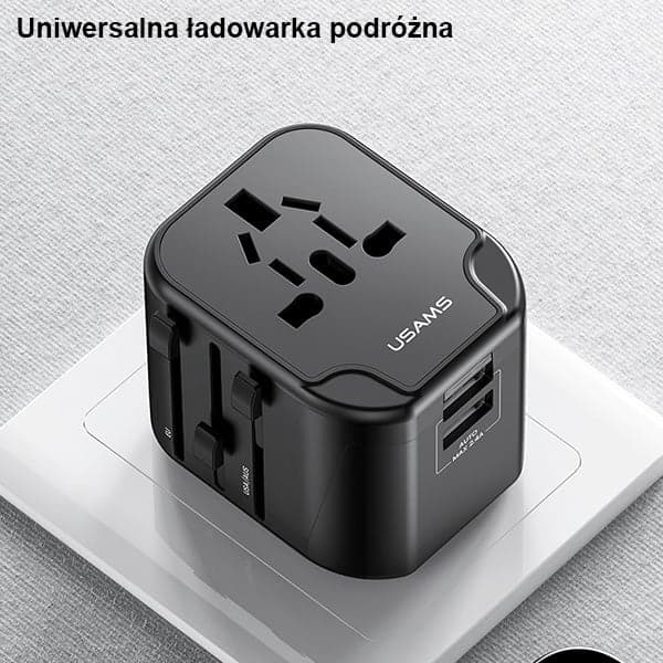 USAMS Adapter siec. 2xUSB T55 12W4w1 US/AU/EU/UK μαύρο CC173TC01 (US-CC173) Univesal Travel Charger 2