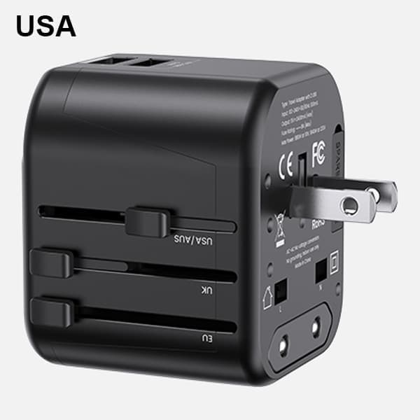 USAMS Adapter siec. 2xUSB T55 12W4w1 US/AU/EU/UK μαύρο CC173TC01 (US-CC173) Univesal Travel Charger 6