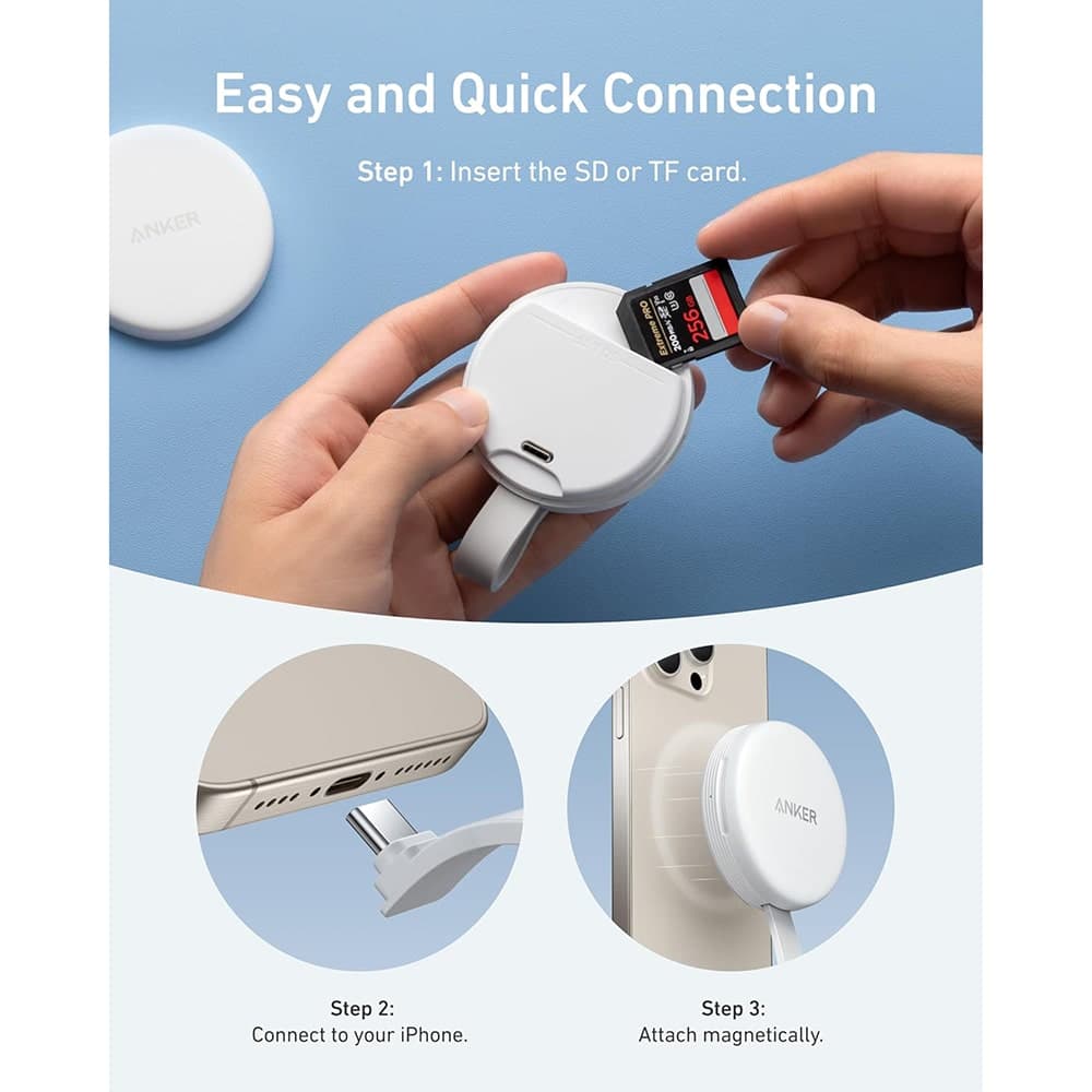 Anker - Αναγνώστης καρτών μνήμης MagGo (A83D1G21) - για Apple με προσαρμογέα USB-C, MagSafe, Μεταφορά δεδομένων 312 MB/s - Λευκό 5