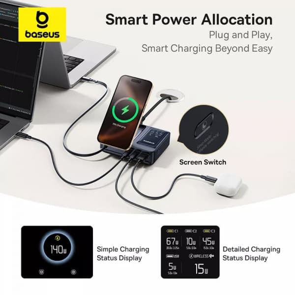 Φορτιστής γραφείου Baseus Nomos QI 5in1, 140W, 5A, 1 x USB-A - 2 x USB-C, Μαύρο P10178800123-00 5