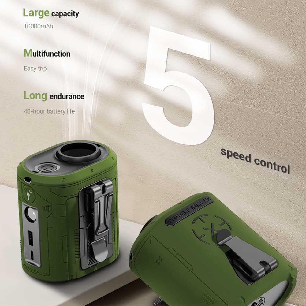 Techsuit - Φορητός μίνι ανεμιστήρας Premium (Z14) - με Power Bank, Επαναφορτιζόμενος, 5 ταχύτητες ανέμου, Αγκράφα ζώνης, 5000mAh - Πράσινο 5