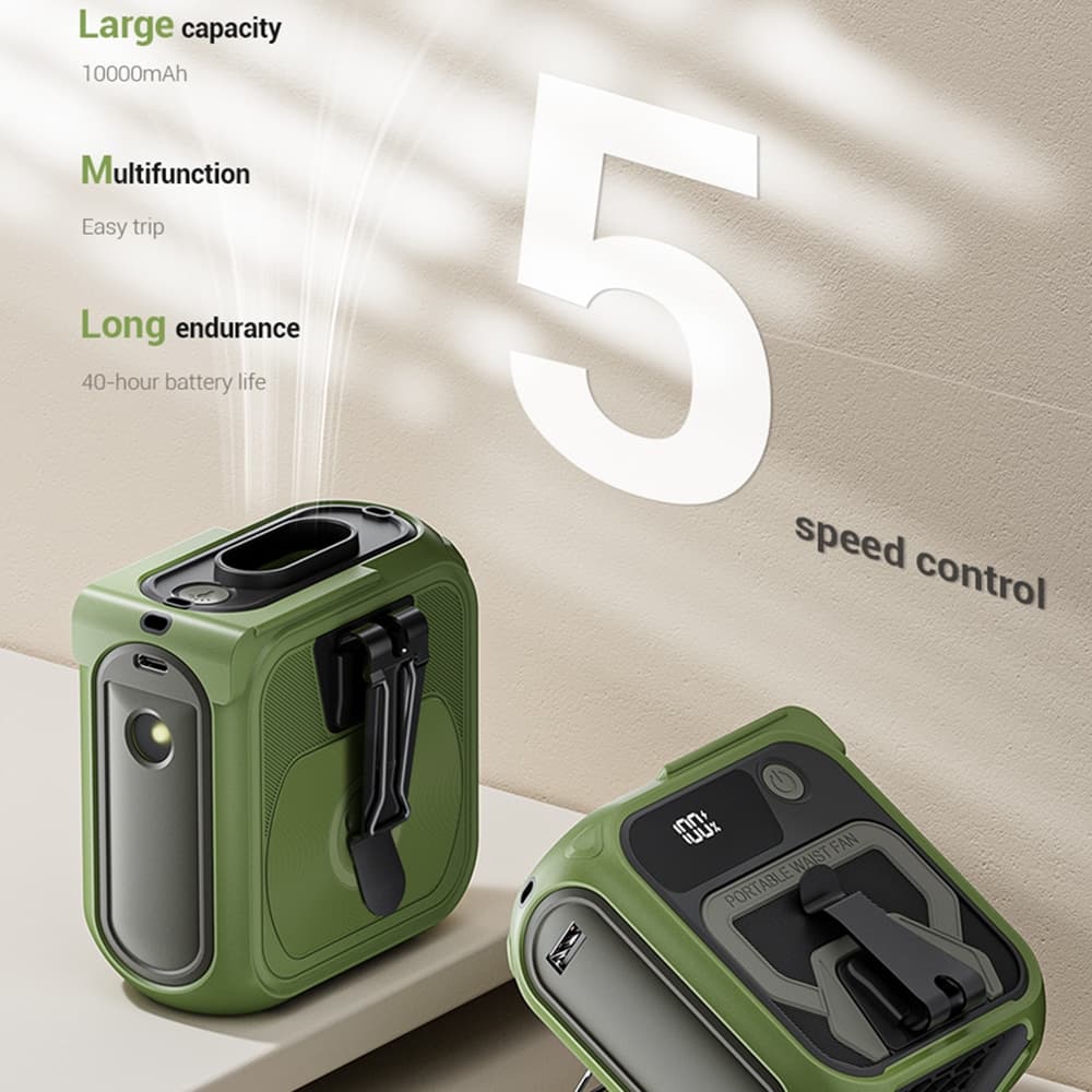 Techsuit - Φορητός μίνι ανεμιστήρας Premium (Z13) - με Power Bank, Επαναφορτιζόμενος, 5 ταχύτητες ανέμου, Αγκράφα ζώνης, 10000mAh - Γκρι 3
