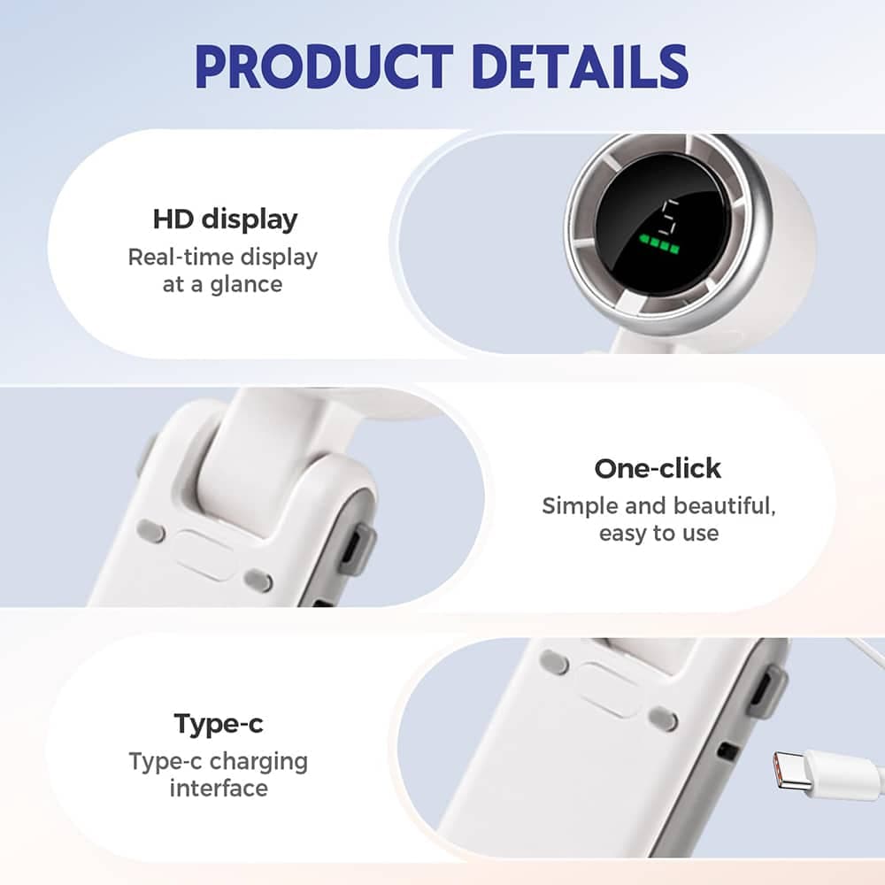Techsuit - Ανεμιστήρας χειρός Premium Mini (A9) - με ψηφιακή οθόνη LED, επαναφορτιζόμενη θύρα USB-C, 5 ταχύτητες ανέμου, 5000mAh - Μαύρο 2