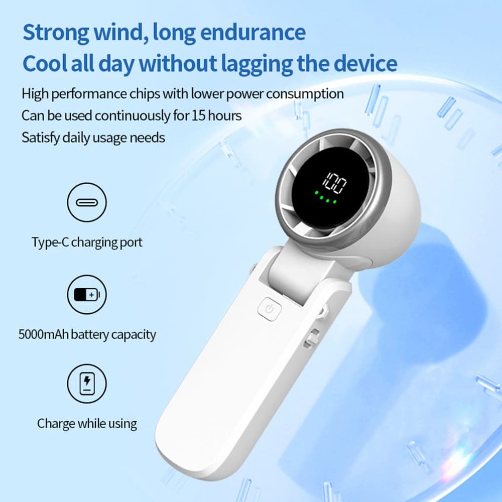 Techsuit - Ανεμιστήρας χειρός Premium Mini (A9) - με ψηφιακή οθόνη LED, επαναφορτιζόμενη θύρα USB-C, 5 ταχύτητες ανέμου, 5000mAh - Μαύρο 8
