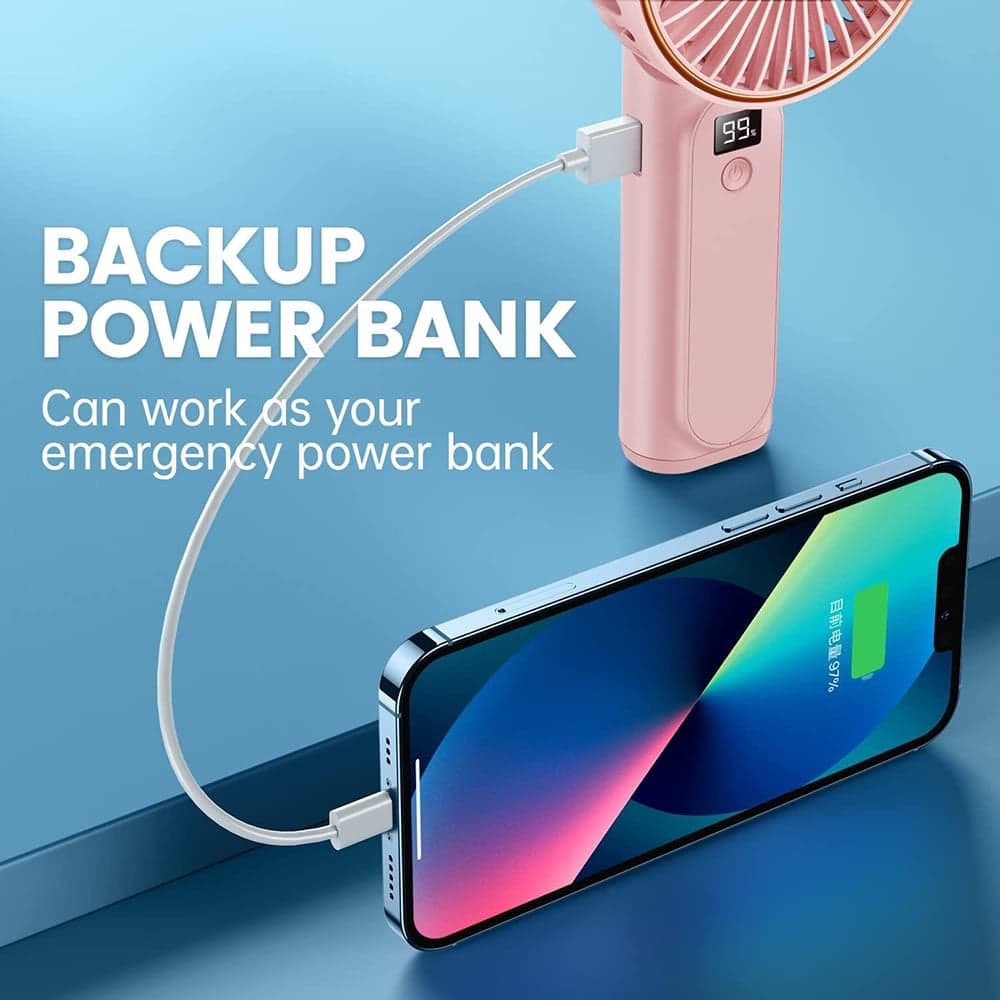 Techsuit - Ανεμιστήρας χειρός Premium Mini (M12) - με ψηφιακή οθόνη LED, επαναφορτιζόμενη θύρα USB-C, 6 ταχύτητες ανέμου, 5000mAh - Ροζ 3