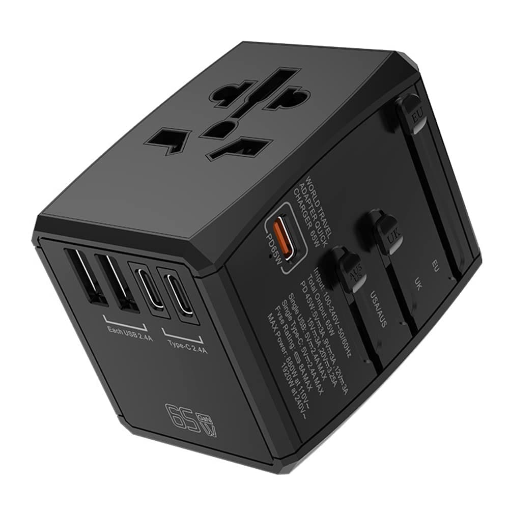 Techsuit - Προσαρμογέας Ταξιδιού (HHT906) - PD65W, 2 x USB, 3 x Type-C, EU, UK, AUS, US - Μαύρο