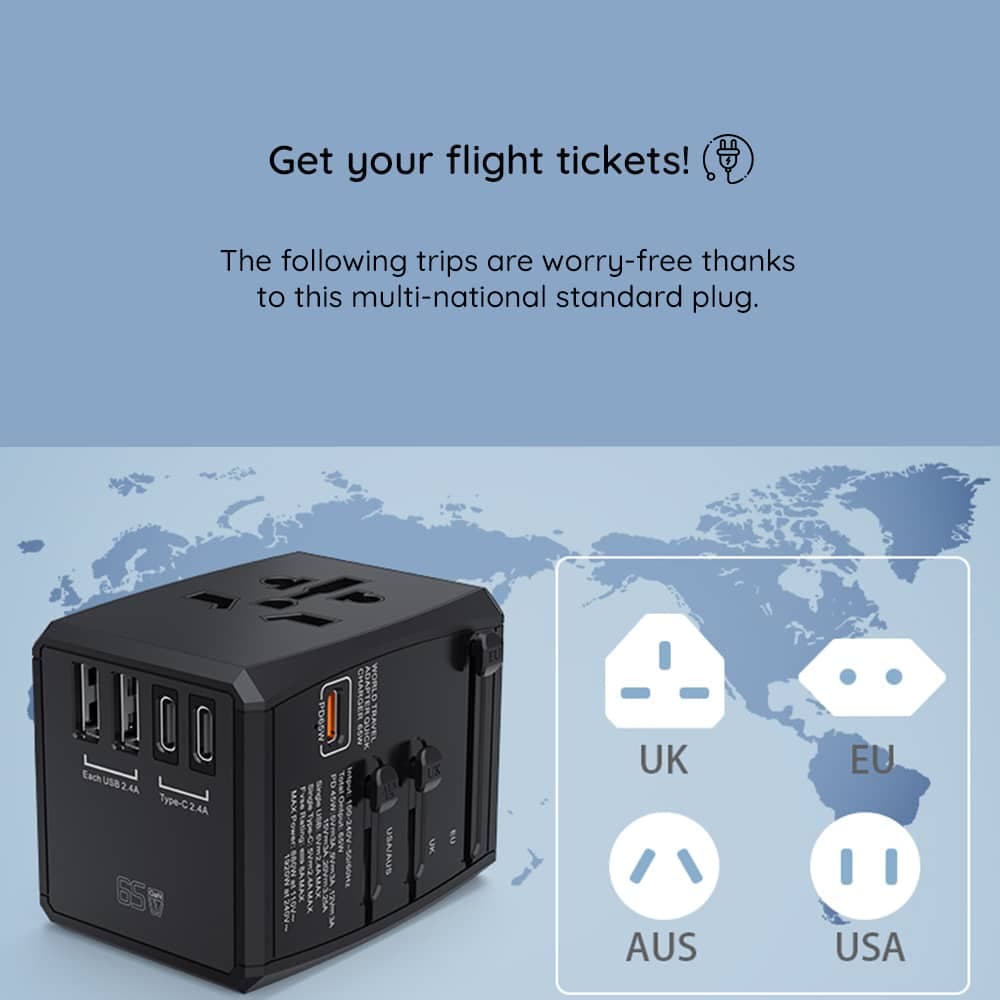 Techsuit - Προσαρμογέας Ταξιδιού (HHT906) - PD65W, 2 x USB, 3 x Type-C, EU, UK, AUS, US - Μαύρο 5