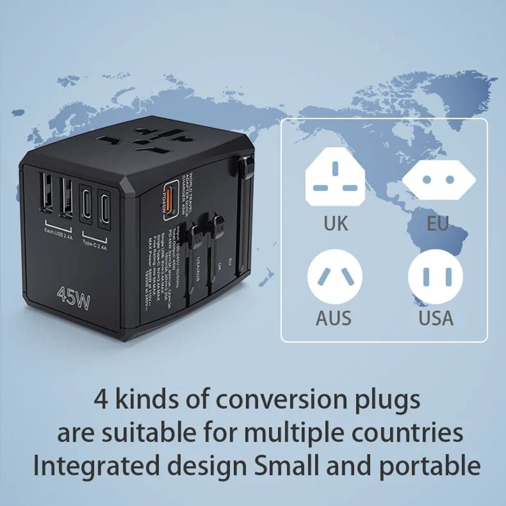 Techsuit - Προσαρμογέας Ταξιδιού (HHT905) - PD45W, 2 x USB, 3 x Type-C, EU, UK, AUS, US - Μαύρο 2
