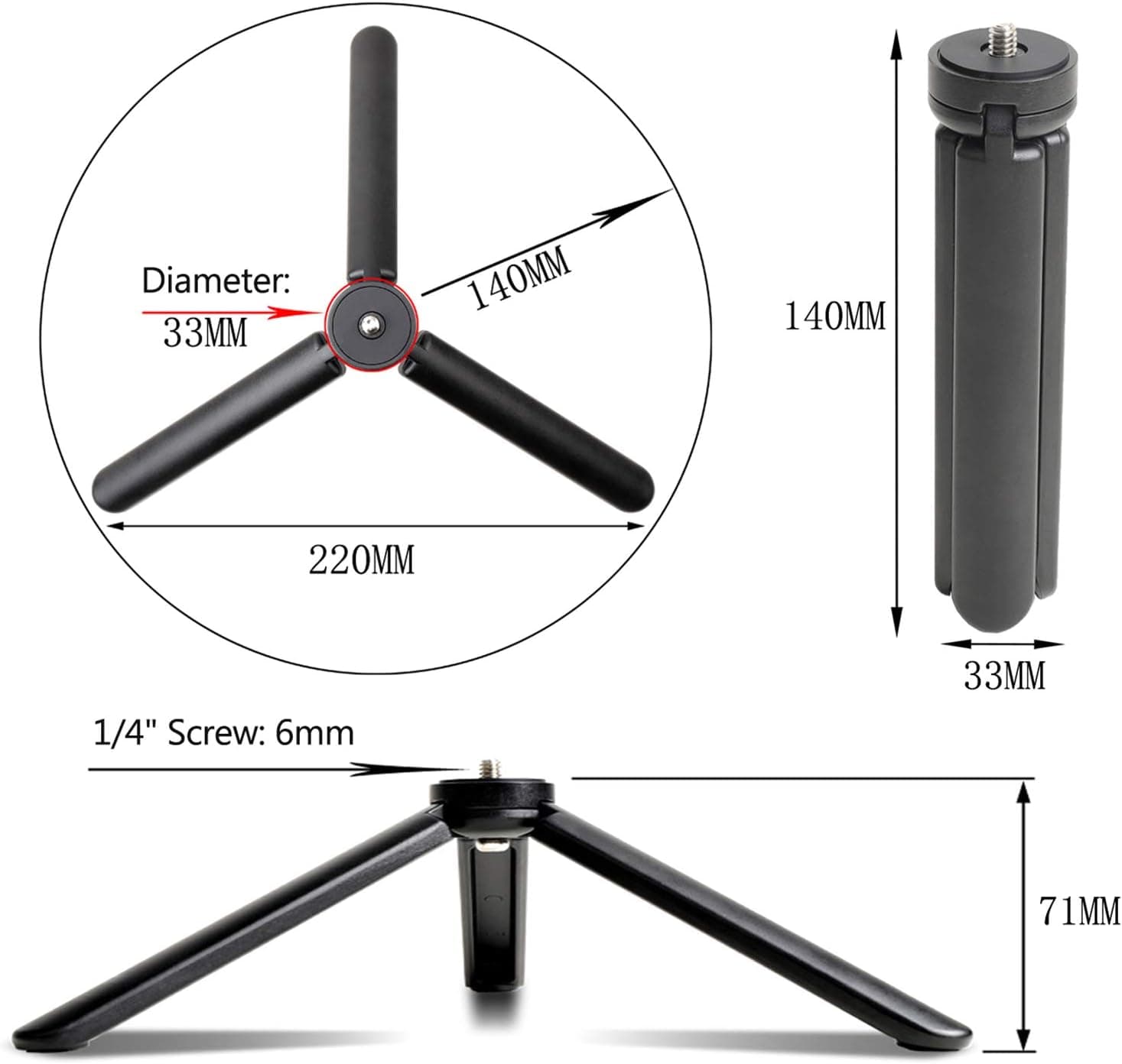 Techsuit - Mini Tripod (TPD3) - Adjustable, with 1/4 Inch Screw Key for ILDC, DSLR Camera - Black 6
