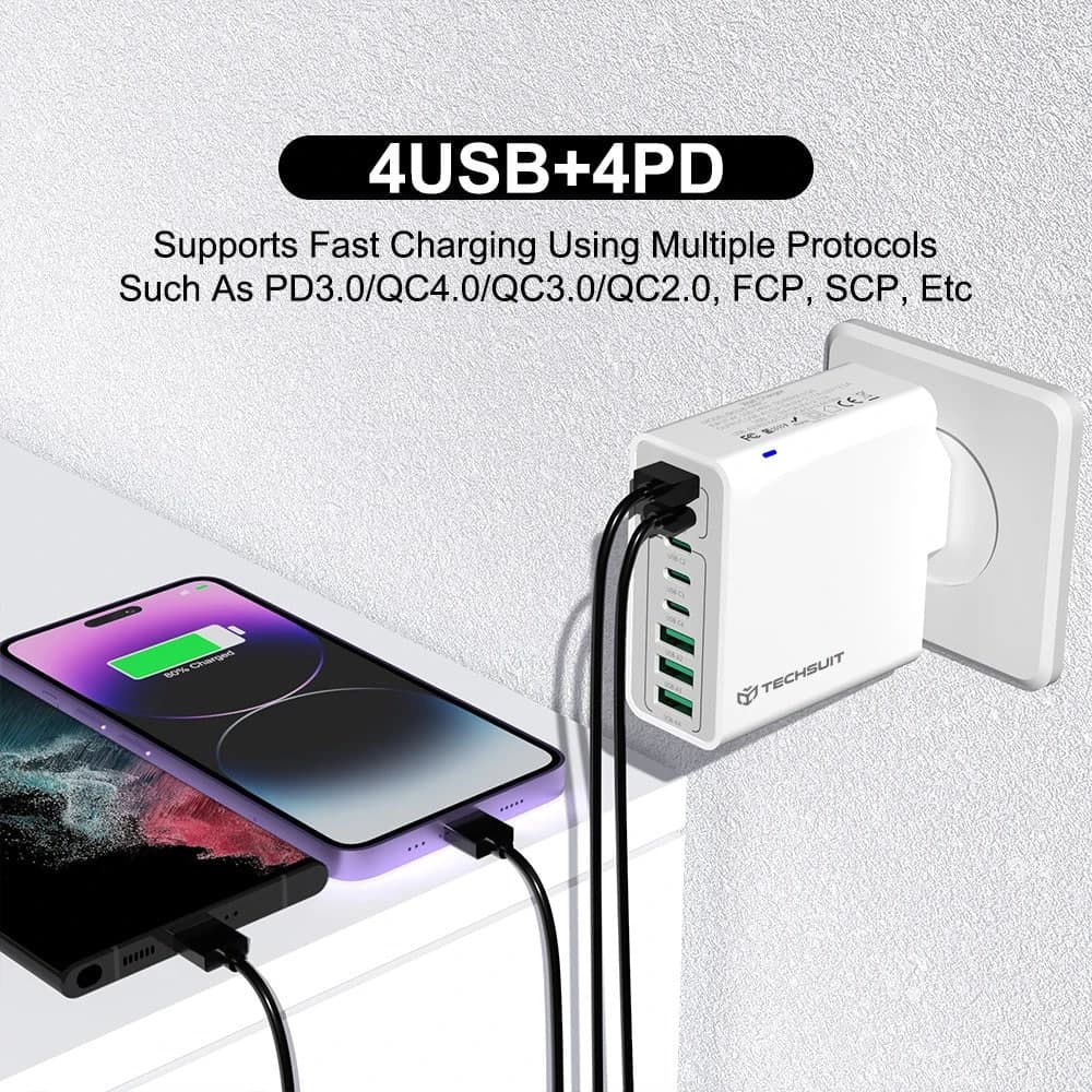 Techsuit - Φορτιστής τοίχου (CHPD224) - 4 x USB, 4 x Type-C, Γρήγορη φόρτιση, 65W - Μαύρο 3