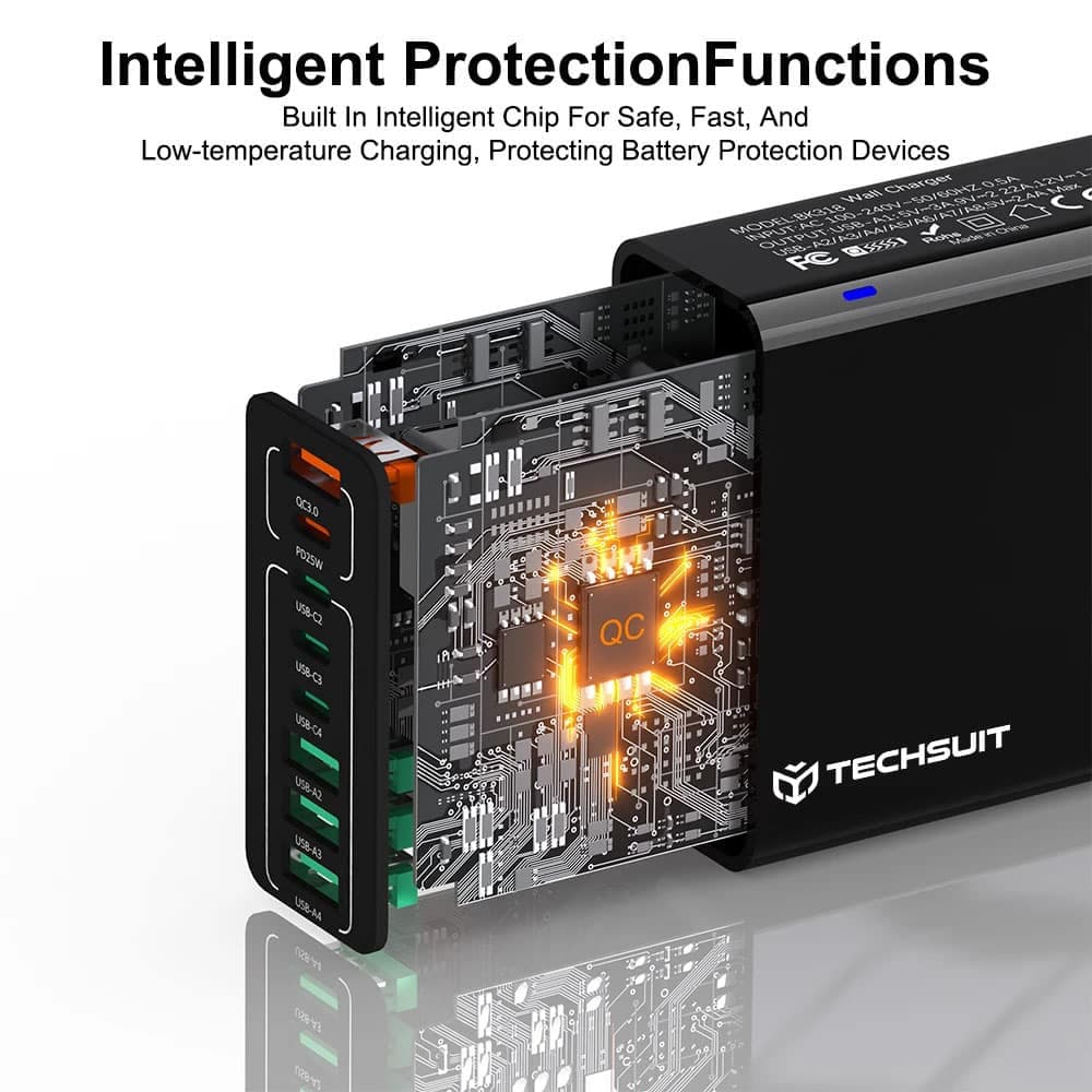 Techsuit - Φορτιστής τοίχου (CHPD224) - 4 x USB, 4 x Type-C, Γρήγορη φόρτιση, 65W - Μαύρο 2
