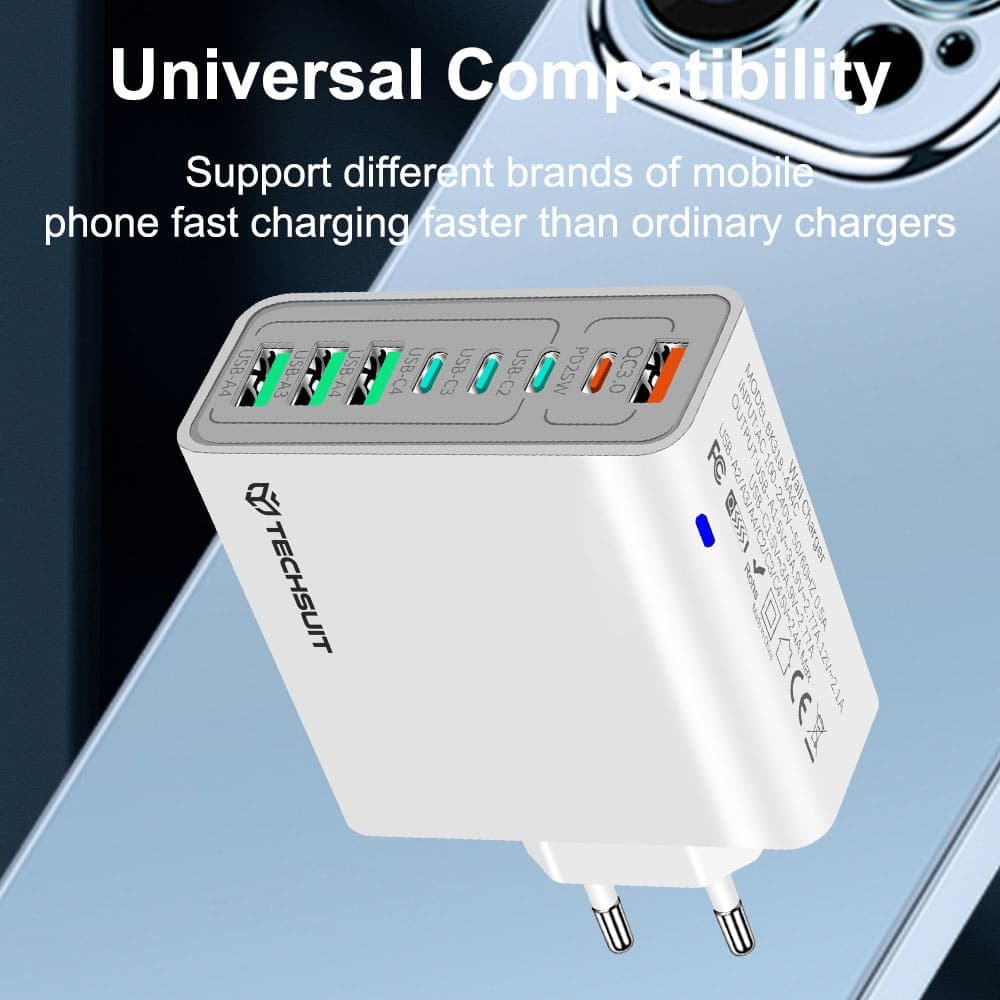 Techsuit - Φορτιστής τοίχου (CHPD224) - 4 x USB, 4 x Type-C, Γρήγορη φόρτιση, 65W - Λευκός 5